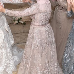 Modest long sleeve evening couture gown pink blush